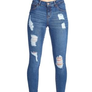Med Wash Destroyed & Ripped Skinny Jeans
